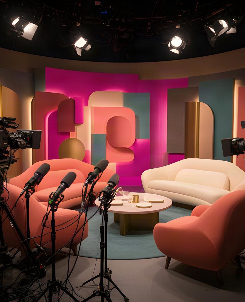 Kleurrijke talkshowset met microfoons, zachte banken en studiogasten
