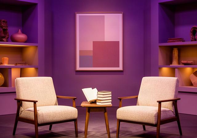 Culturele talkshow met boeken en schilderij in paarse studio