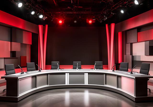 Politiek praatprogramma met panel onder rode studiolampen