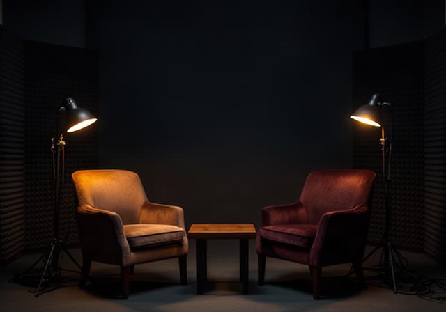 Diepte-interview in donkere studio met warme lampen
